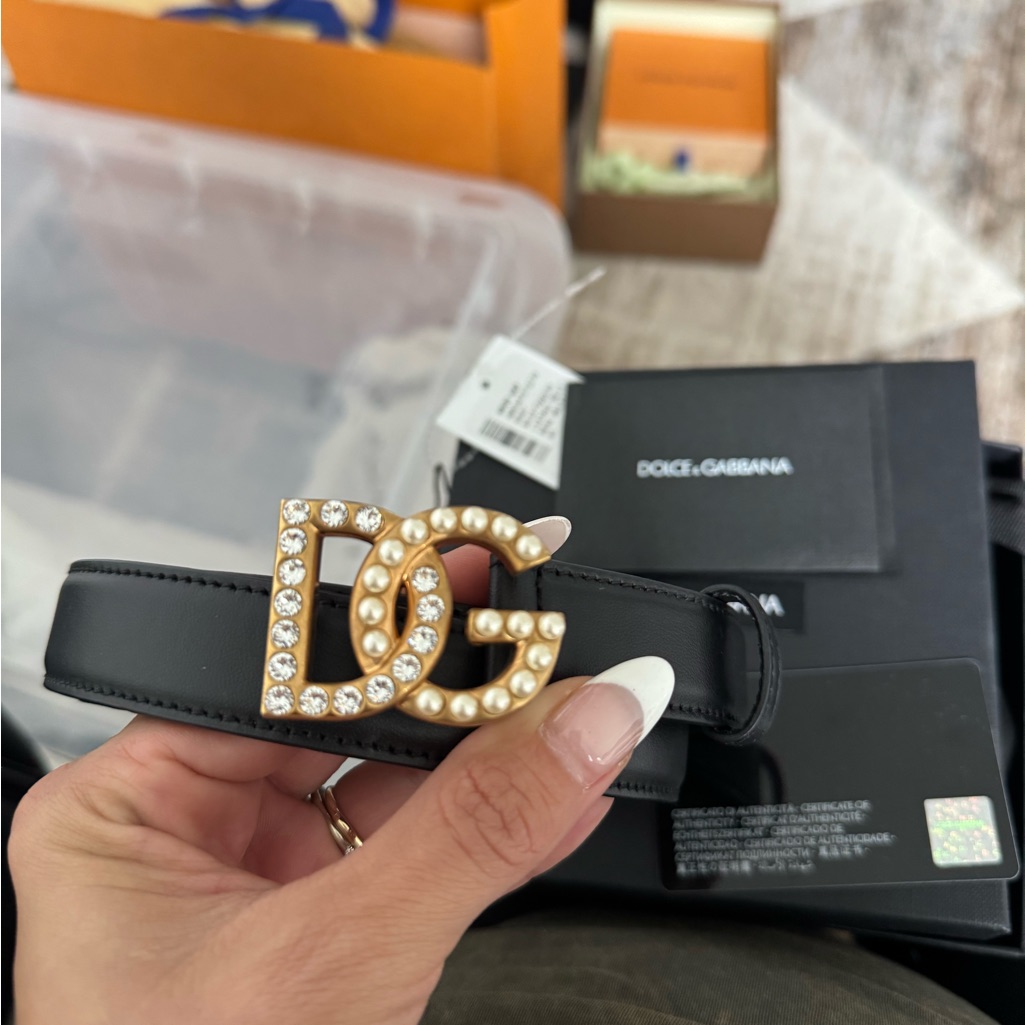 Dolce & Gabbana Calfskin Belt With Dg Logo With Rhinestones And Pearls- Sz 85